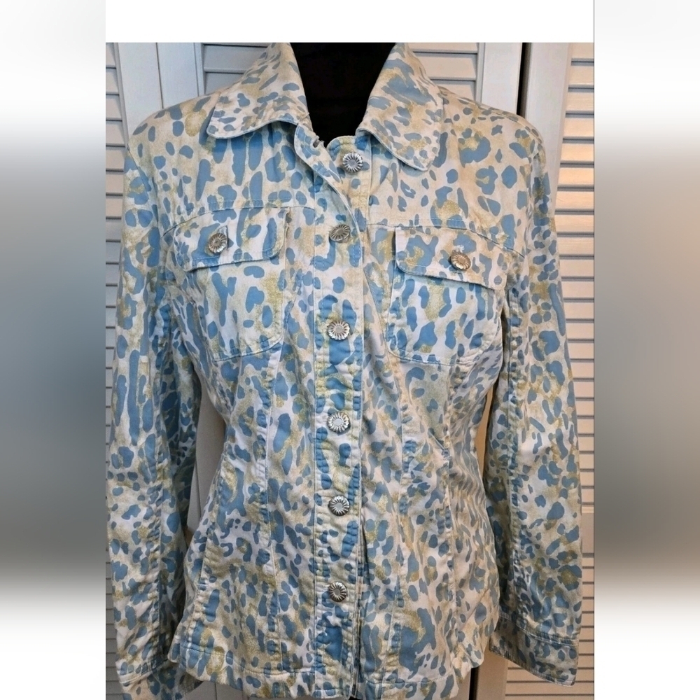 Live A Little LAL  JEAN STYLE Jacket Blazer SMALL Light Teal Gold Animal Print